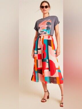 Maeve Aurelia A-line Pleated Midi Skirt in Red, Pink, Blue & Orange